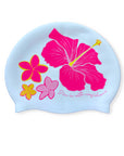 White swimcap with pink hibiscus flowers & JAYD Swimwear 'Dive in with confidence' quote.