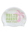 Side A: Palm tree salty sassy swim cap by JAYD Swimwear.