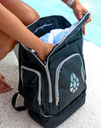 Opening the front compartment of the JAYD Swimwear black backpack.