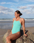 JAYD Swimwear, athletic one piece, tallow in Sea Mist colour. View of the one piece from the front