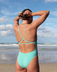 JAYD Swimwear, athletic one piece, tallow in Sea Mist colour. View of the one piece from the back