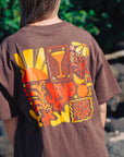 JAYD Swimwear chocolate brown boxy fit t-shirt featuring a groovy orange and yellow JAYD Swimwear word mark on the chest.