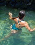 Strap view of athletic swimsuit Levanto One Piece in Cove Green by JAYD Swimwear