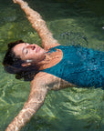Neckline view of athletic swimsuit Levanto One Piece in Cove Green by JAYD Swimwear