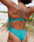 Back view of Siena One Piece Athletic Swimsuit in Atlantic green by JAYD Swimwear