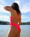 Back of JAYD Swimwear's chlorine-resistant athletic one-piece Tallow in Fiesta.