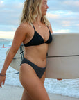 Close view of seamless, athletic, full coverage JAYD Swimwear Connie bikini bottoms in Carbon.