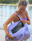 Interior compartments of JAYD Swimwear Duffel Bag in Purple.