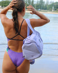 Ventilated side compartment of JAYD Swimwear Duffel Bag in Purple.