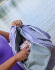 Wet towel side compartment of JAYD Swimwear Duffel Bag in Purple.
