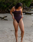 JAYD Swimwear open water swimmer Madi wears the fixed back Lennox one piece in the colour Cacao with contrasting Fairy Floss straps. This piece is made from chlorine resistant material and was designed in Australia.