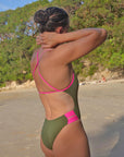 IBIZA Contrasting One Piece athletic swimsuit, in Olive Green with Pink Sorbet straps. Designed in Australia by JAYD Swimwear.