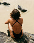 Close view of Levanto One Piece Athletic Swimsuit in Black by JAYD Swimwear
