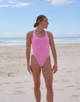 The Levanto One Piece swimsuit by JAYD Swimwear, in Fairy Floss. Elevated neckline to suit swimmers and surf lifesavers worldwide.
