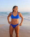 Front view of seamless JAYD Swimwear Cali athletic bikini bottom in Cobalt Blue