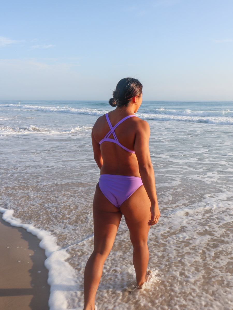 Back view of JAYD Swimwear Cali athletic bikini bottoms in Lilac Haze