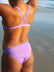 Close view of seamless JAYD Swimwear Cali athletic bikini bottoms in Lilac Haze