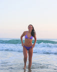 Front view of seamless, athletic, cheeky coverage JAYD Swimwear Minnie bikini bottoms in Lilac Haze.