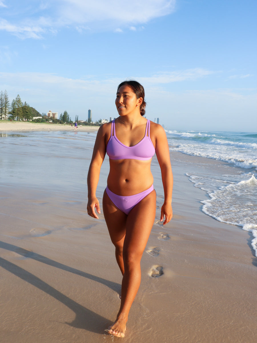Front view of JAYD Swimwear Tazzie athletic bikini top in Lilac Haze