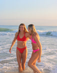 Front view of JAYD Swimwear Cali athletic bikini bottoms in Ruby Red