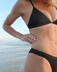 Close view of seamless, athletic, cheeky coverage JAYD Swimwear Minnie bikini bottoms in Black.