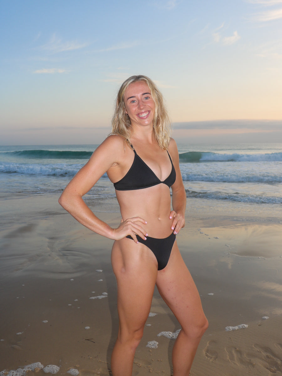 Front view of seamless, athletic, cheeky coverage JAYD Swimwear Minnie bikini bottoms in Black.