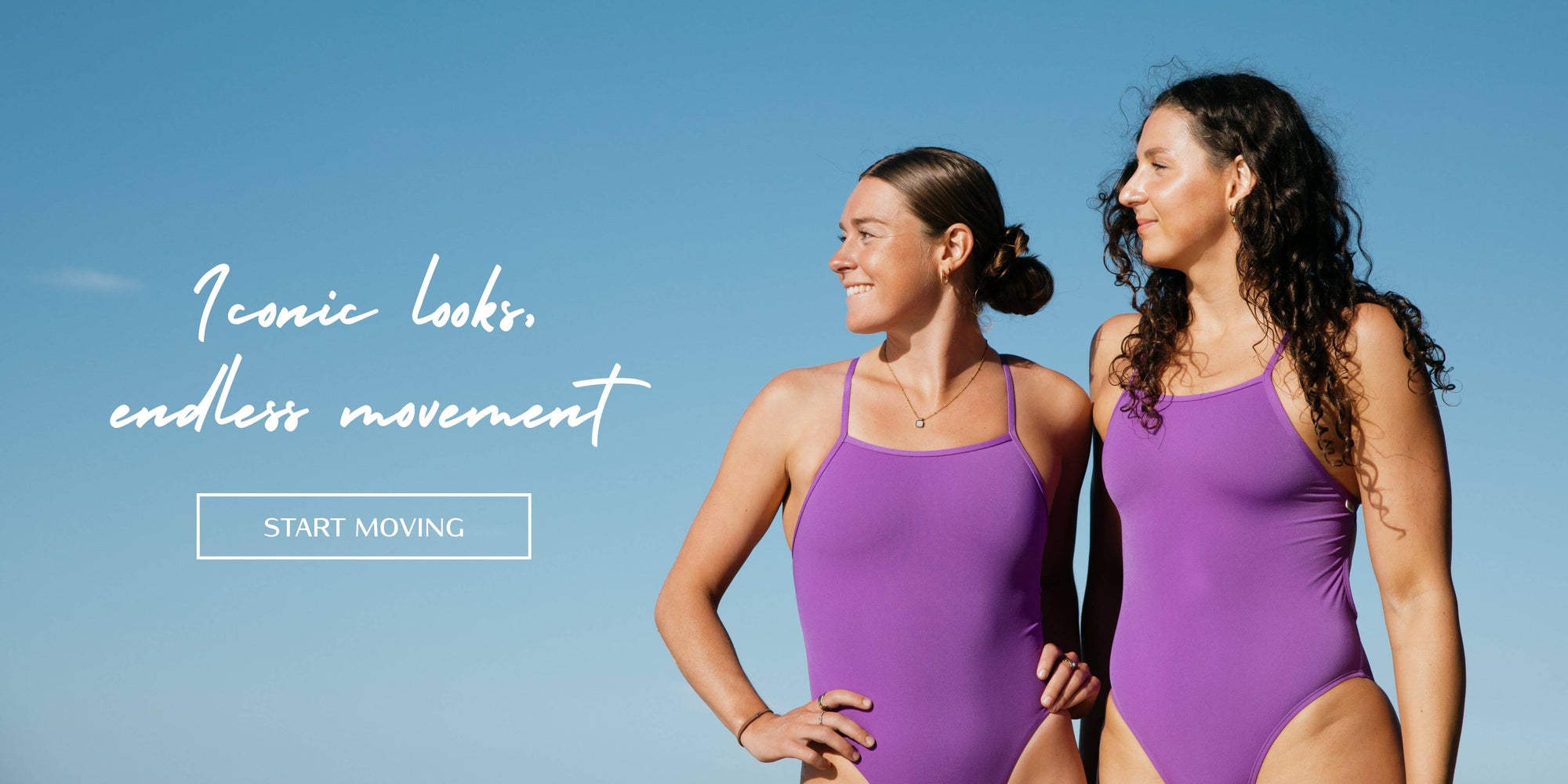 Two women wearing purple swimsuits against a blue sky with promotional text.