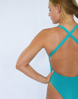 Back view of Levanto One Piece Athletic Swimsuit in Atlantic Green by JAYD Swimwear