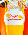Yellow and orange swimsuit with 'Jayd Swimwear' branding on a white background