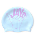 Pink Shaka swim cap with pink JAYD text and JAYD Gem bracelet.