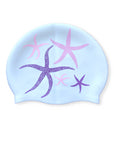 White JAYD Swimwear swim cap featuring purple & pink starfish design.