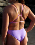 The JAYD Swimwear Zambia one piece in lilac haze with supportive, triangle fairy floss shoulder straps.