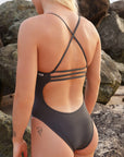 Athlete Ella wears the Airlie fixed back one piece by JAYD swimwear, this piece is our fullest coverage and has adjustable back straps for tension distribution.