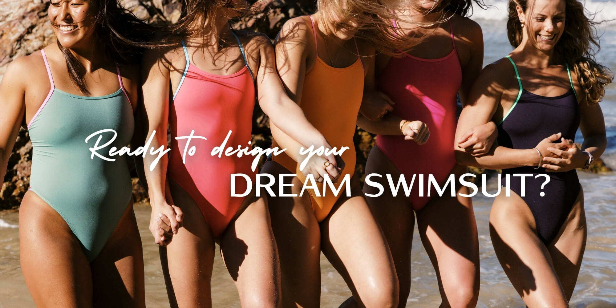 Five women in colorful swimsuits on a beach with text overlay.