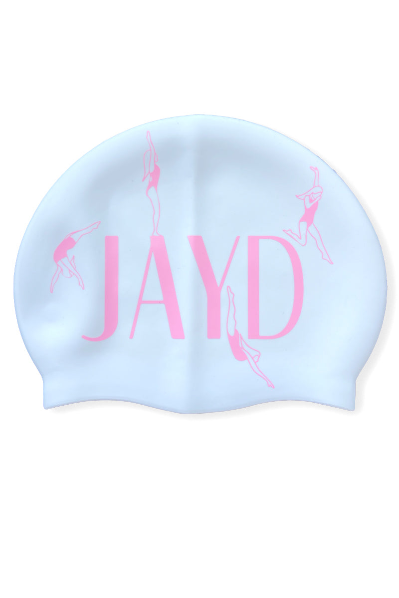 White swim cap with JAYD logo centred in light pink with women diving off letters.