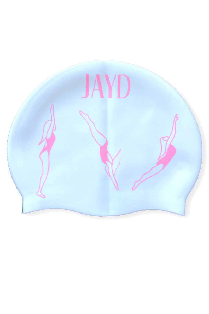 White swim with JAYD logo at the top in light pink & 3x women in different formations of diving/swimming