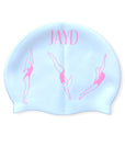 White swim with JAYD logo at the top in light pink & 3x women in different formations of diving/swimming