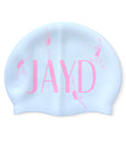 White swim cap with JAYD logo centred in light pink with women diving off letters.