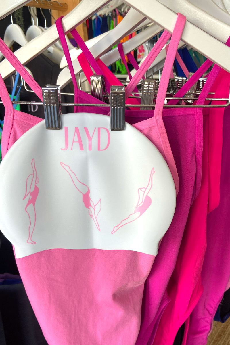 Pink JAYD one pice swimsuits matching Dive In pink swim cap design.