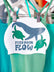 Swim cap design with whale and turtles and 'find your flow' text.