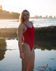 JAYD Swimwear model Mia Cook wearing the ruby Finley one piece swimsuit.