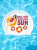 A white swim cap with a colorful graphic of a woman on an orange float and the text 'GIRLS JUST WANNA HAVE SUN' is shown floating on blue pool water.