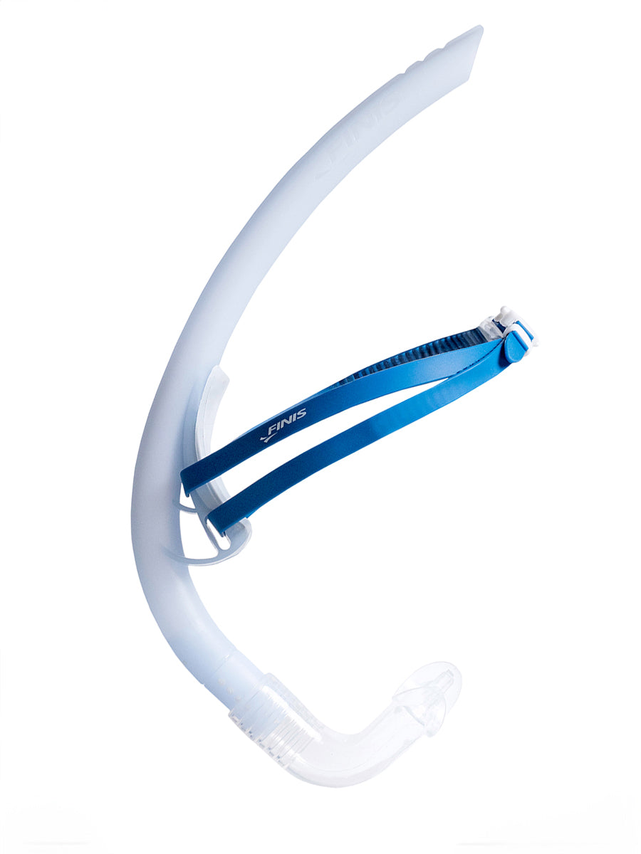 Glacier blue FINIS Stability Snorkel with a blue adjustable strap and a clear mouthpiece, shown against a plain white background.