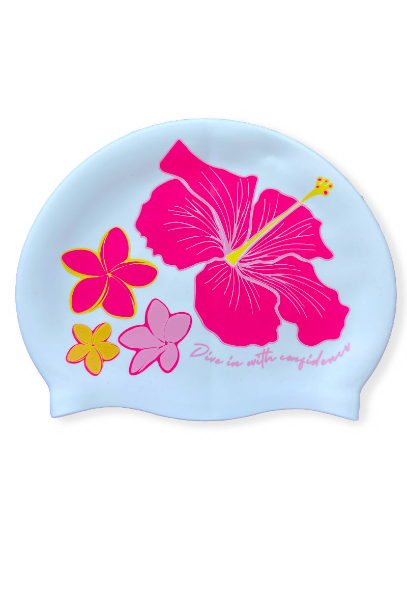 White swimcap with pink hibiscus flowers & JAYD Swimwear 'Dive in with confidence' quote.