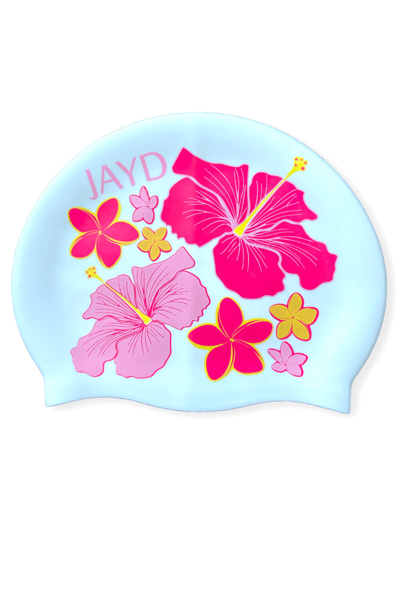 White Hibiscus Haven swim cap featuring pink and orange hibiscus & frangipani flowers. 