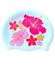 White Hibiscus Haven swim cap featuring pink and orange hibiscus & frangipani flowers. 