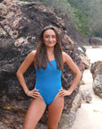 Triathlete Lauren Kirwick wearing the sporty, sculpting JAYD Swimwear Ibiza Nordic x Fairy Floss One Piece.