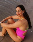 Athlete Jenaya wears the adjustable fixed back one piece called Airlie, designed in Australia by JAYD Swimwear. This one piece is made for both training and leisure.