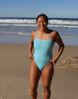 Athlete Sara wears the Siena one piece by JAYD Swiwmear. This one piece is chlorine resistant and built for performance. She is wearing the colour Mykonos.