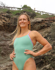 Front view of Lennox One Piece Athletic Swimsuit in Matcha by JAYD Swimwear